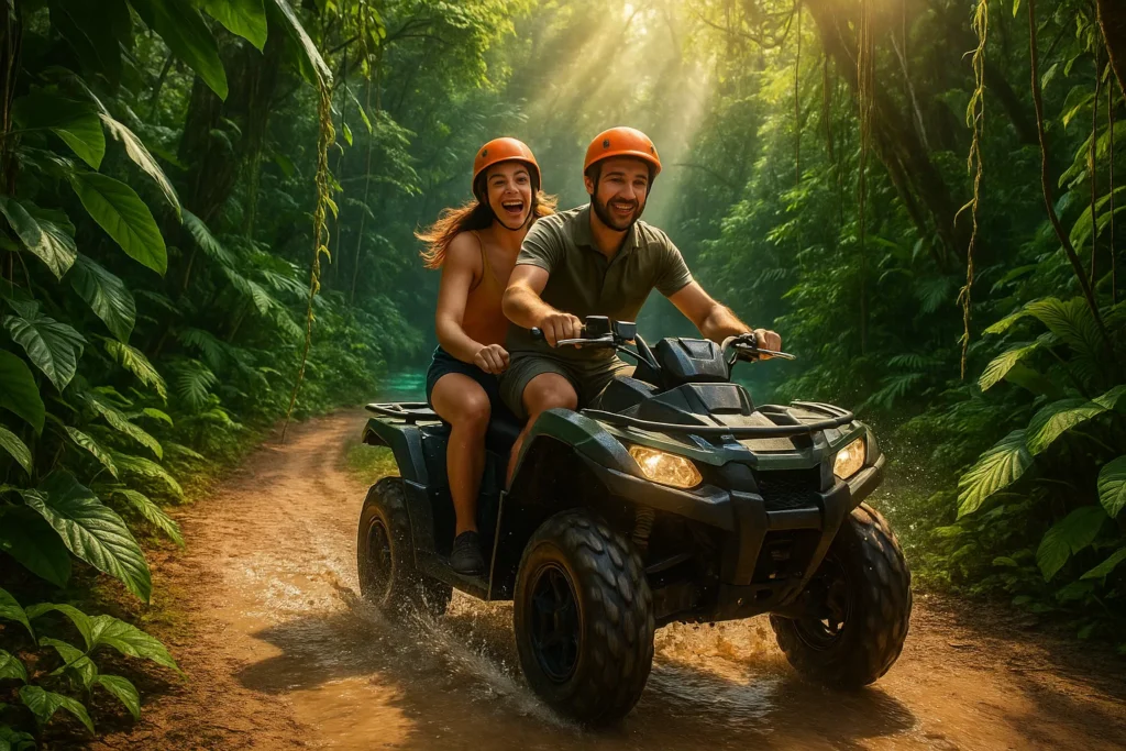 Couple in orange helmets on an ATV splashing through a puddle on a jungle trail