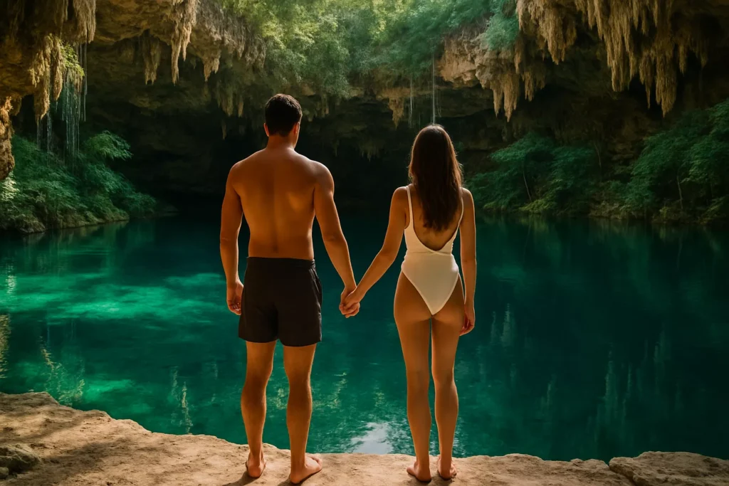 Couple seen from behind holding hands at the edge of a semi-open cenote with stalactites and green-turquoise water
