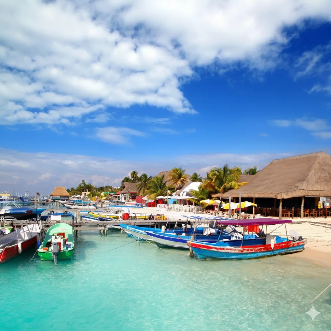 Agua turquesa y palmeras en Playa Norte, Isla Mujeres