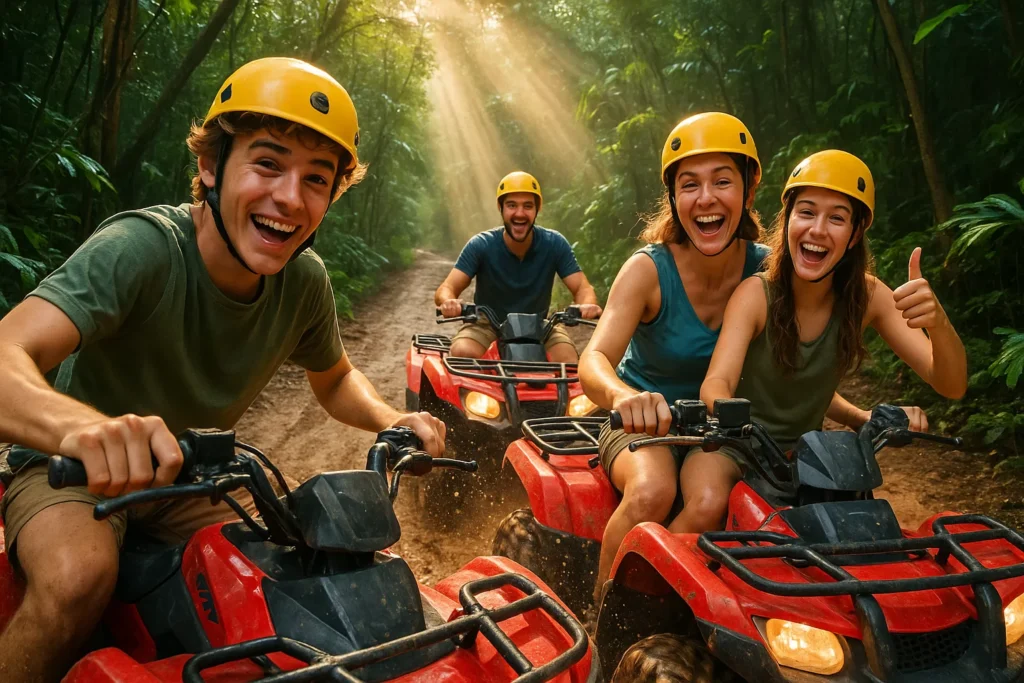 Friends in yellow helmets riding red ATVs along a dirt trail in the jungle