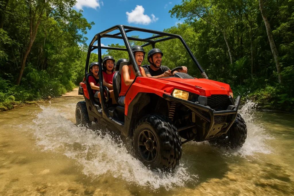 Red buggy with four helmeted passengers driving through a flooded jungle track