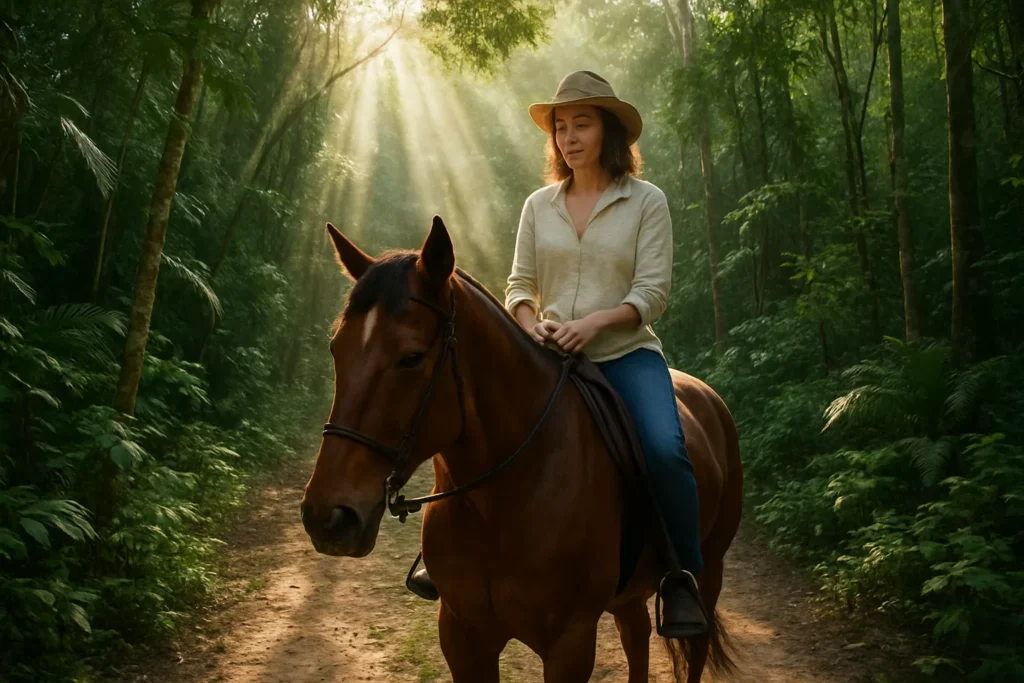Woman in a hat riding a brown horse along a sunlit jungle trail