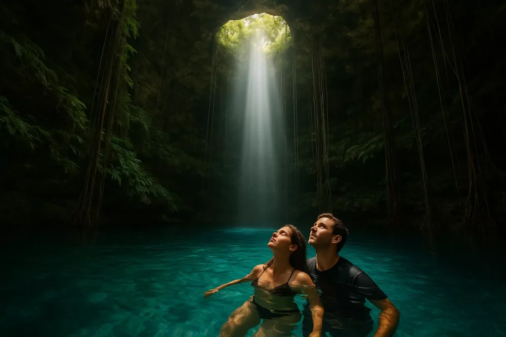 Couple floating in a turquoise cenote under a beam of light from the opening above