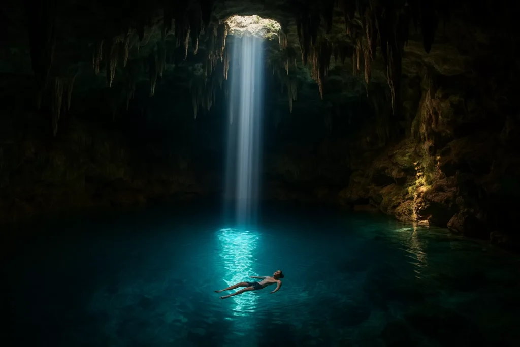 Sunbeam entering a cave cenote through its opening, with a person floating in the blue water